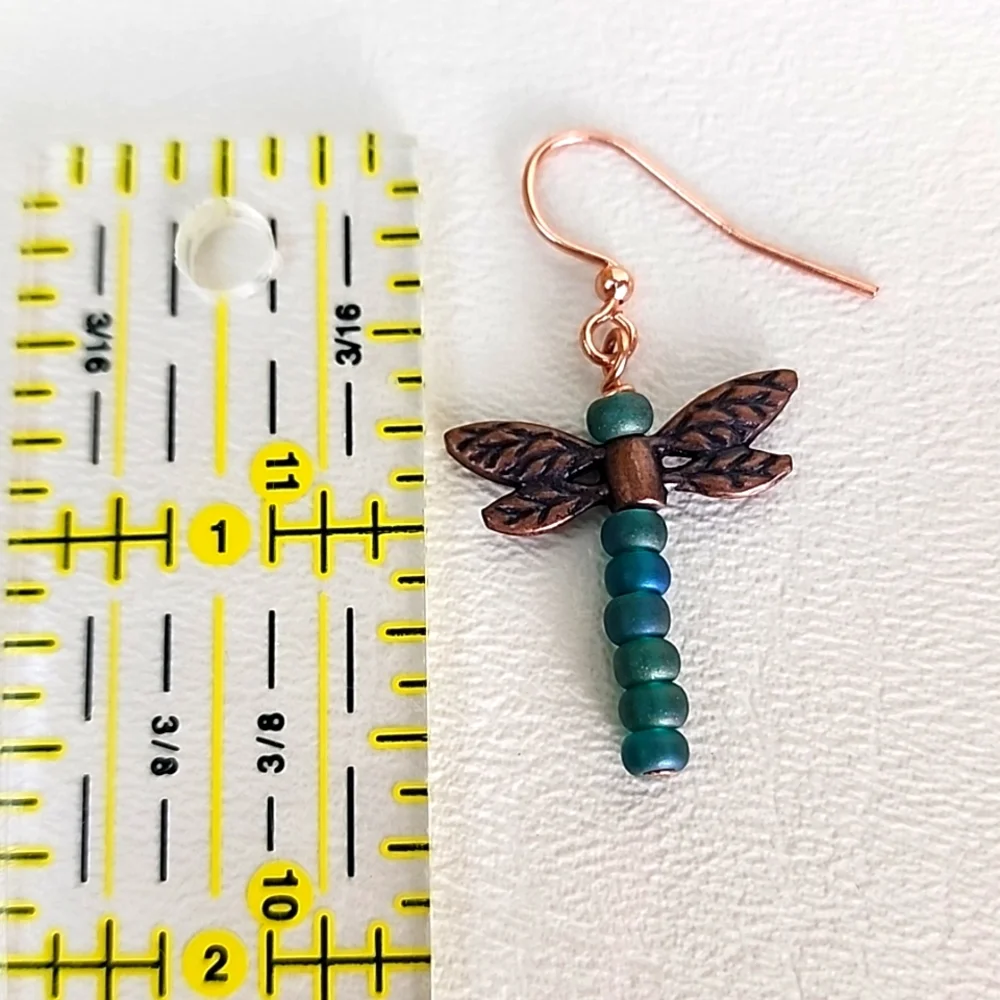 Copper & Iridescent Matte Green-Blue Dragonfly Dangle Earrings, Handmade - Picture 4 of 6
